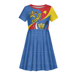 Congo-Kinshasa Independence Day Kid Short Sleeve Dress Coat Of Arms - African Pattern