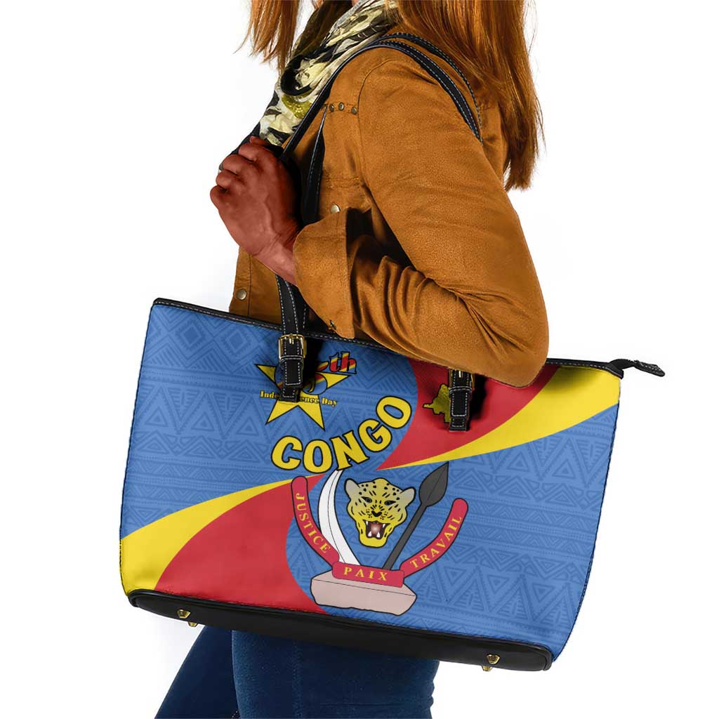 Congo-Kinshasa Independence Day Leather Tote Bag Coat Of Arms - African Pattern