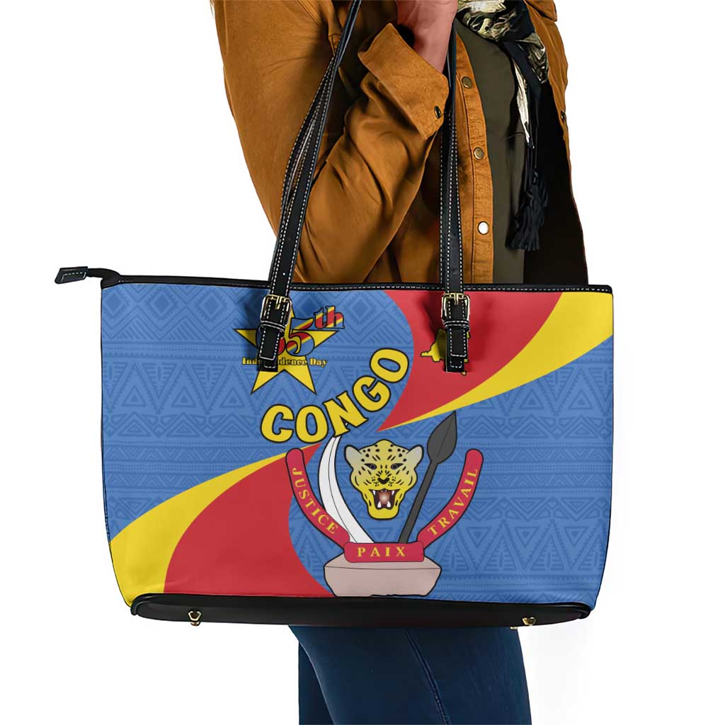Congo-Kinshasa Independence Day Leather Tote Bag Coat Of Arms - African Pattern