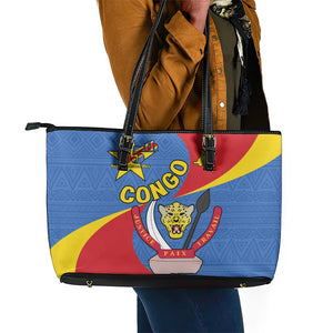 Congo-Kinshasa Independence Day Leather Tote Bag Coat Of Arms - African Pattern