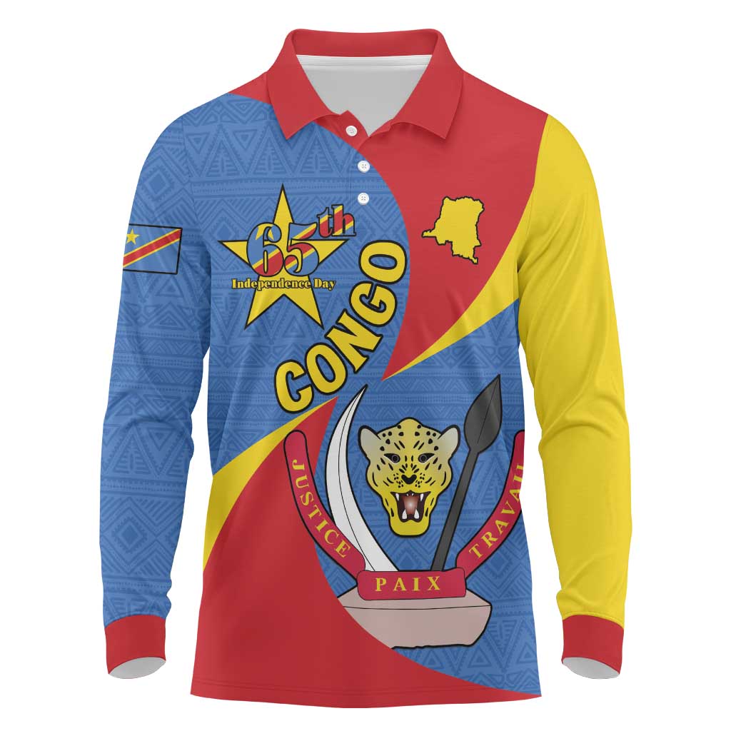 Congo-Kinshasa Independence Day Long Sleeve Polo Shirt Coat Of Arms - African Pattern