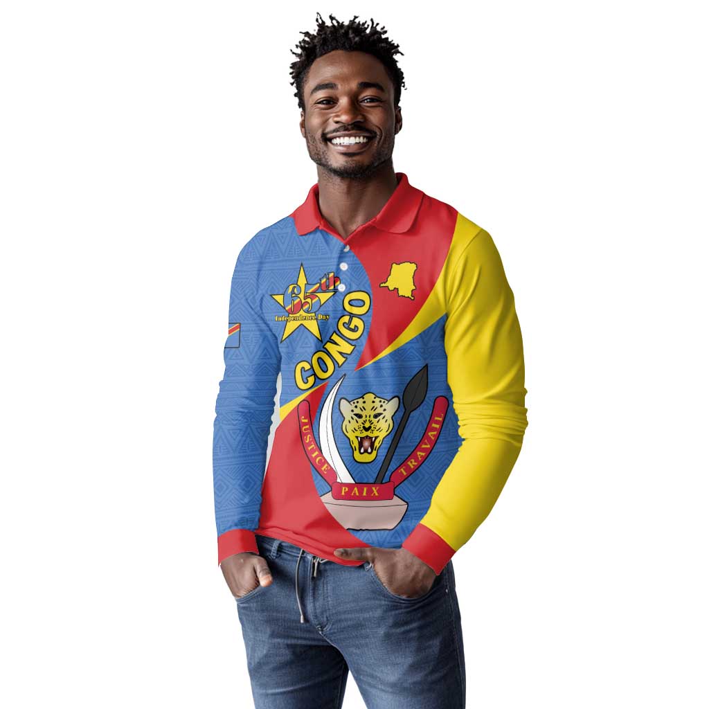 Congo-Kinshasa Independence Day Long Sleeve Polo Shirt Coat Of Arms - African Pattern