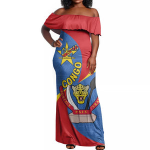 Congo-Kinshasa Independence Day Off Shoulder Maxi Dress Coat Of Arms - African Pattern