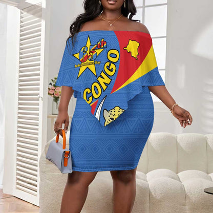 Congo-Kinshasa Independence Day Off Shoulder Short Dress Coat Of Arms - African Pattern
