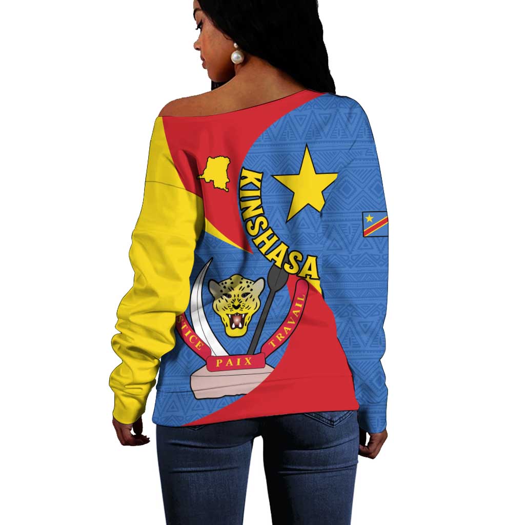 Congo-Kinshasa Independence Day Off Shoulder Sweater Coat Of Arms - African Pattern