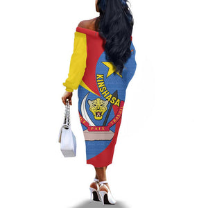 Congo-Kinshasa Independence Day Off The Shoulder Long Sleeve Dress Coat Of Arms - African Pattern