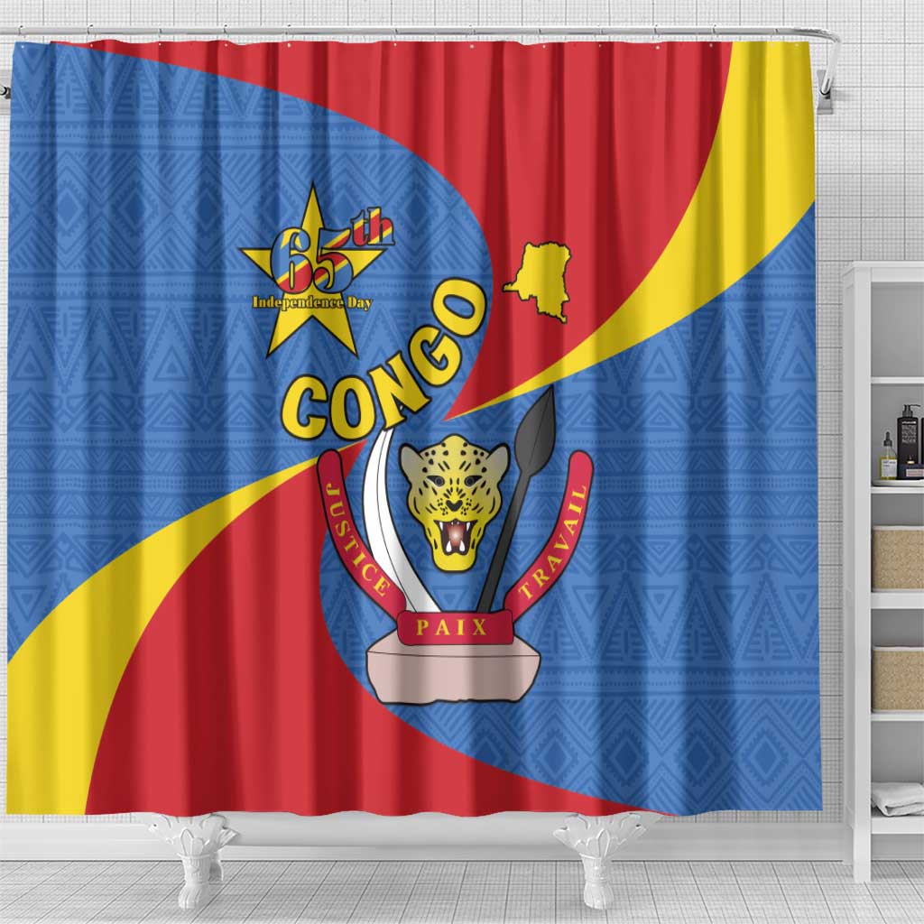 Congo-Kinshasa Independence Day Shower Curtain Coat Of Arms - African Pattern
