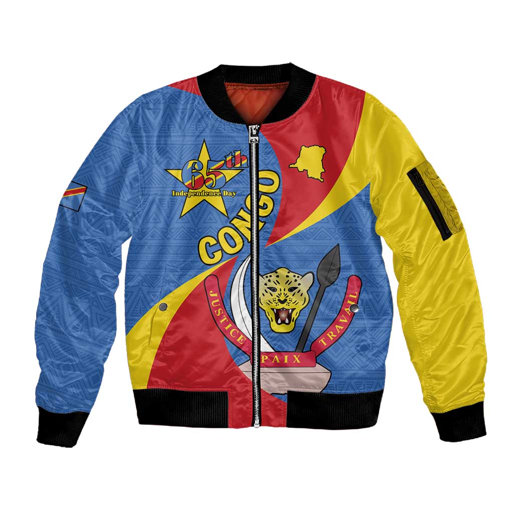 Congo-Kinshasa Independence Day Sleeve Zip Bomber Jacket Coat Of Arms - African Pattern
