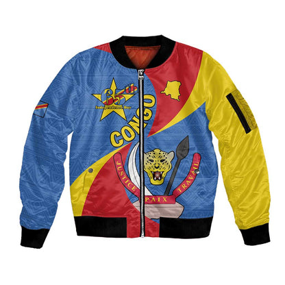 Congo-Kinshasa Independence Day Sleeve Zip Bomber Jacket Coat Of Arms - African Pattern