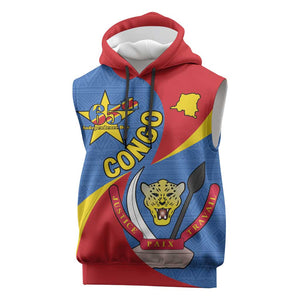 Congo-Kinshasa Independence Day Sleeveless Hoodie Coat Of Arms - African Pattern - African Pride