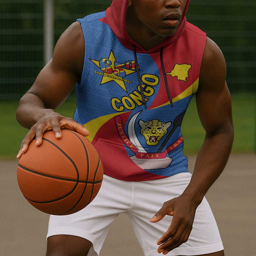 Congo-Kinshasa Independence Day Sleeveless Hoodie Coat Of Arms - African Pattern - African Pride