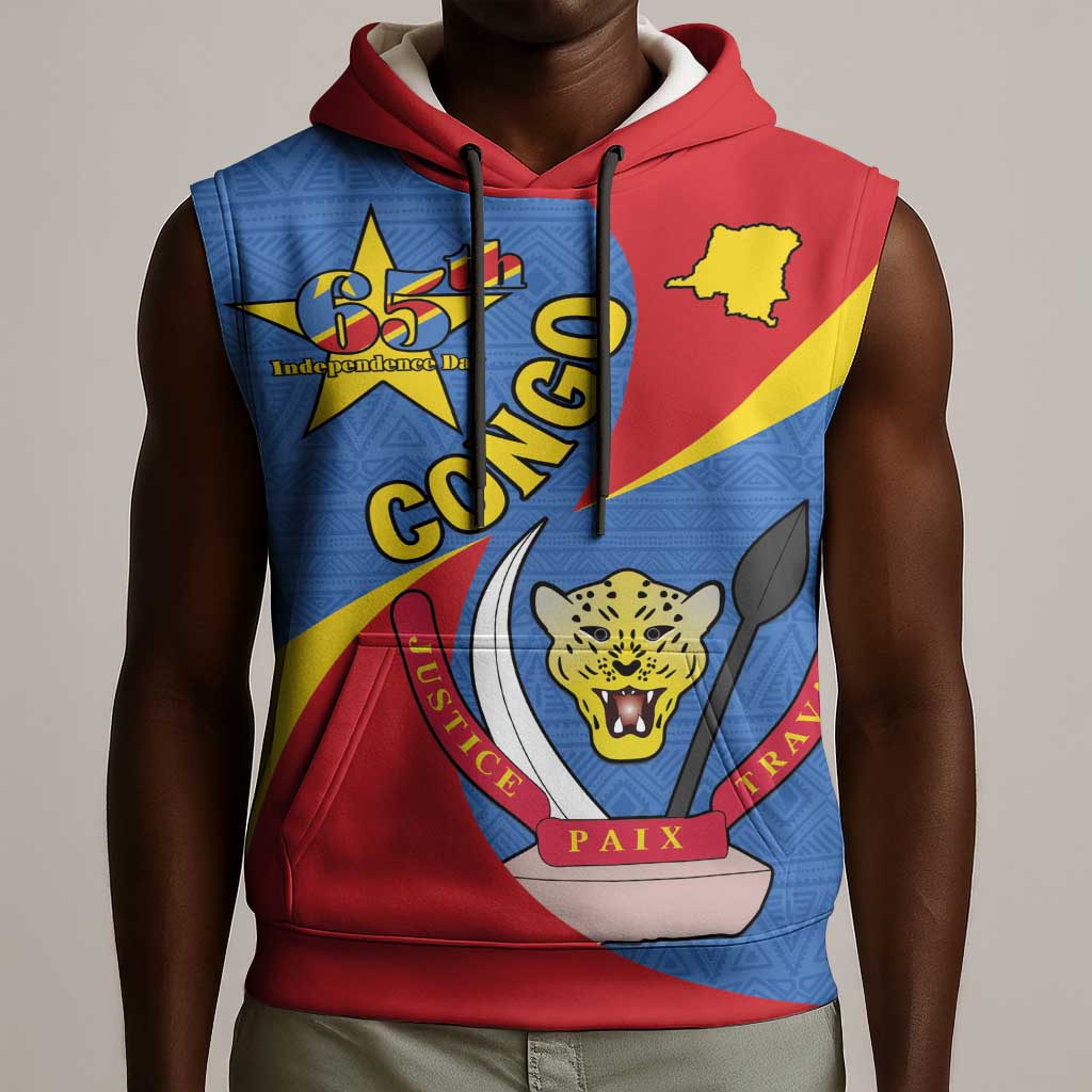 Congo-Kinshasa Independence Day Sleeveless Hoodie Coat Of Arms - African Pattern - African Pride