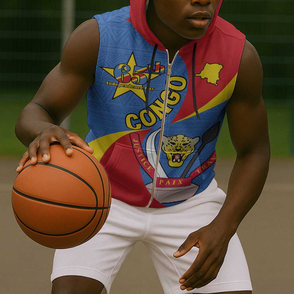 Congo-Kinshasa Independence Day Sleeveless Zip Hoodie Coat Of Arms - African Pattern - African Pride