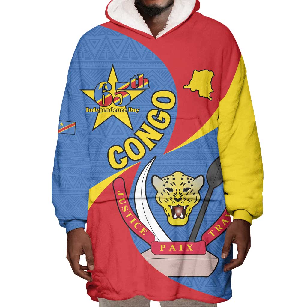 Congo-Kinshasa Independence Day Wearable Blanket Hoodie Coat Of Arms - African Pattern