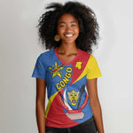 Congo-Kinshasa Independence Day Women V-Neck T-Shirt Coat Of Arms - African Pattern
