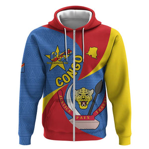 Congo-Kinshasa Independence Day Zip Hoodie Coat Of Arms - African Pattern