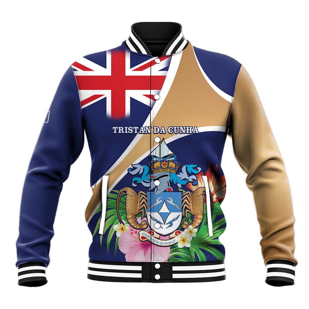 Personalized Tristan da Cunha Baseball Jacket Coat Of Arms Tropical Flowers