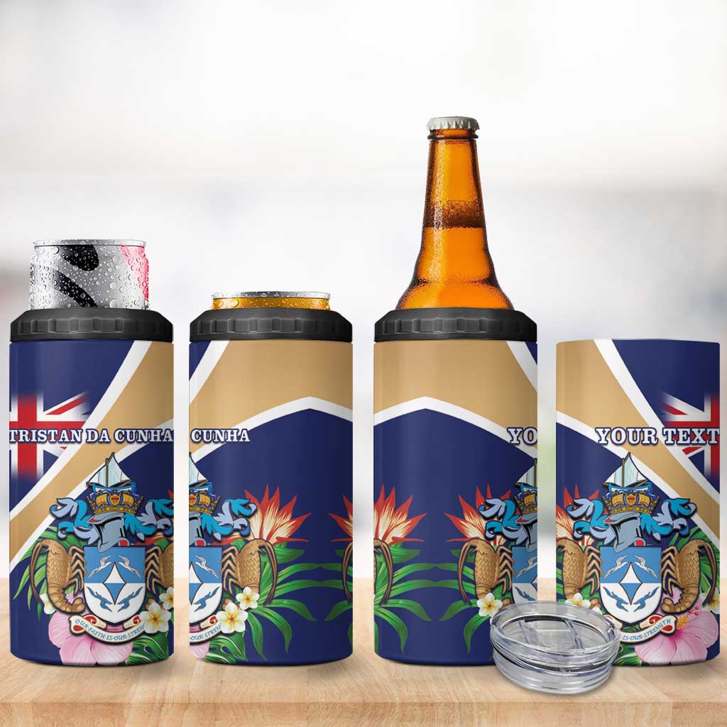 Personalized Tristan da Cunha 4 in 1 Can Cooler Tumbler Coat Of Arms Tropical Flowers