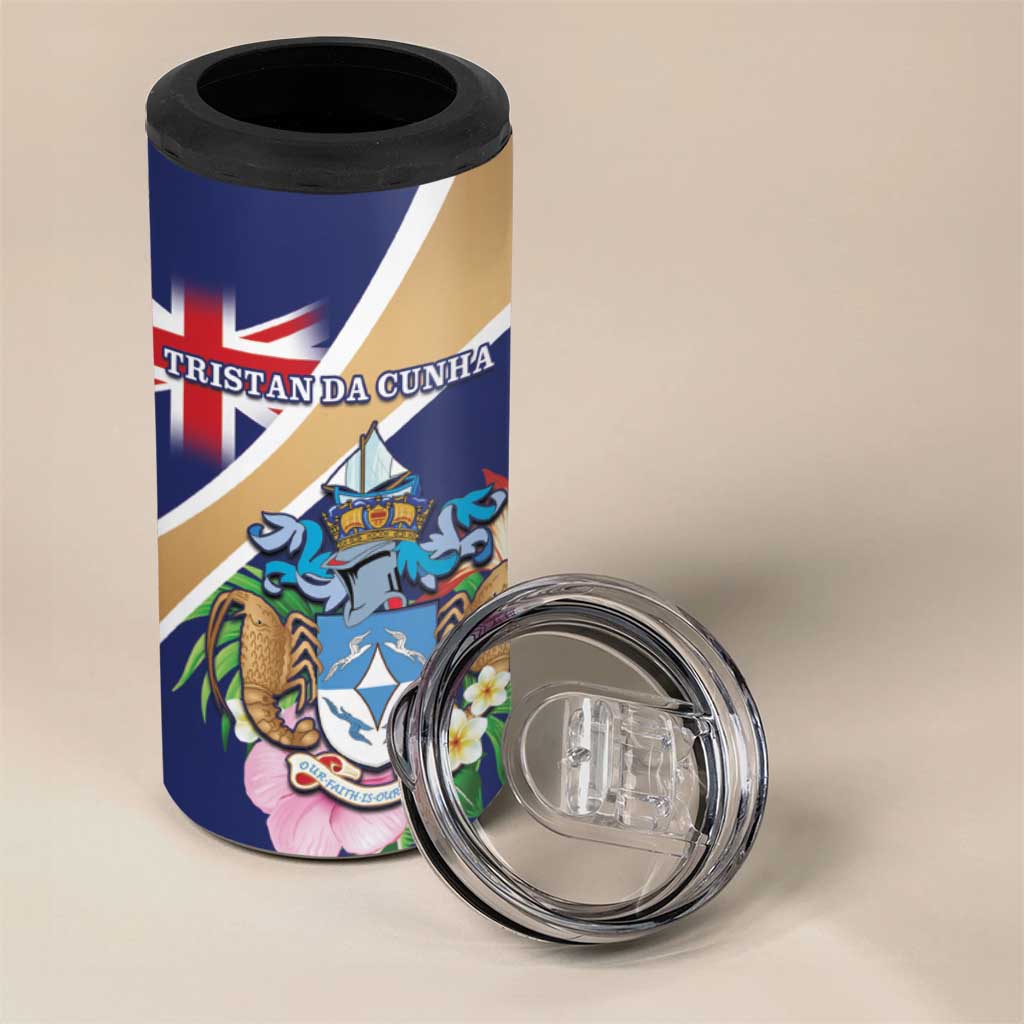 Personalized Tristan da Cunha 4 in 1 Can Cooler Tumbler Coat Of Arms Tropical Flowers