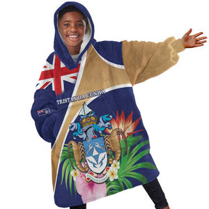 Personalized Tristan da Cunha Kid Wearable Blanket Hoodie Coat Of Arms Tropical Flowers