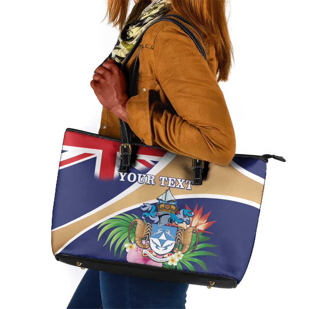 Personalized Tristan da Cunha Leather Tote Bag Coat Of Arms Tropical Flowers