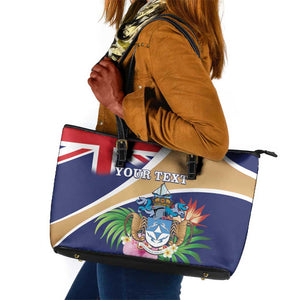 Personalized Tristan da Cunha Leather Tote Bag Coat Of Arms Tropical Flowers