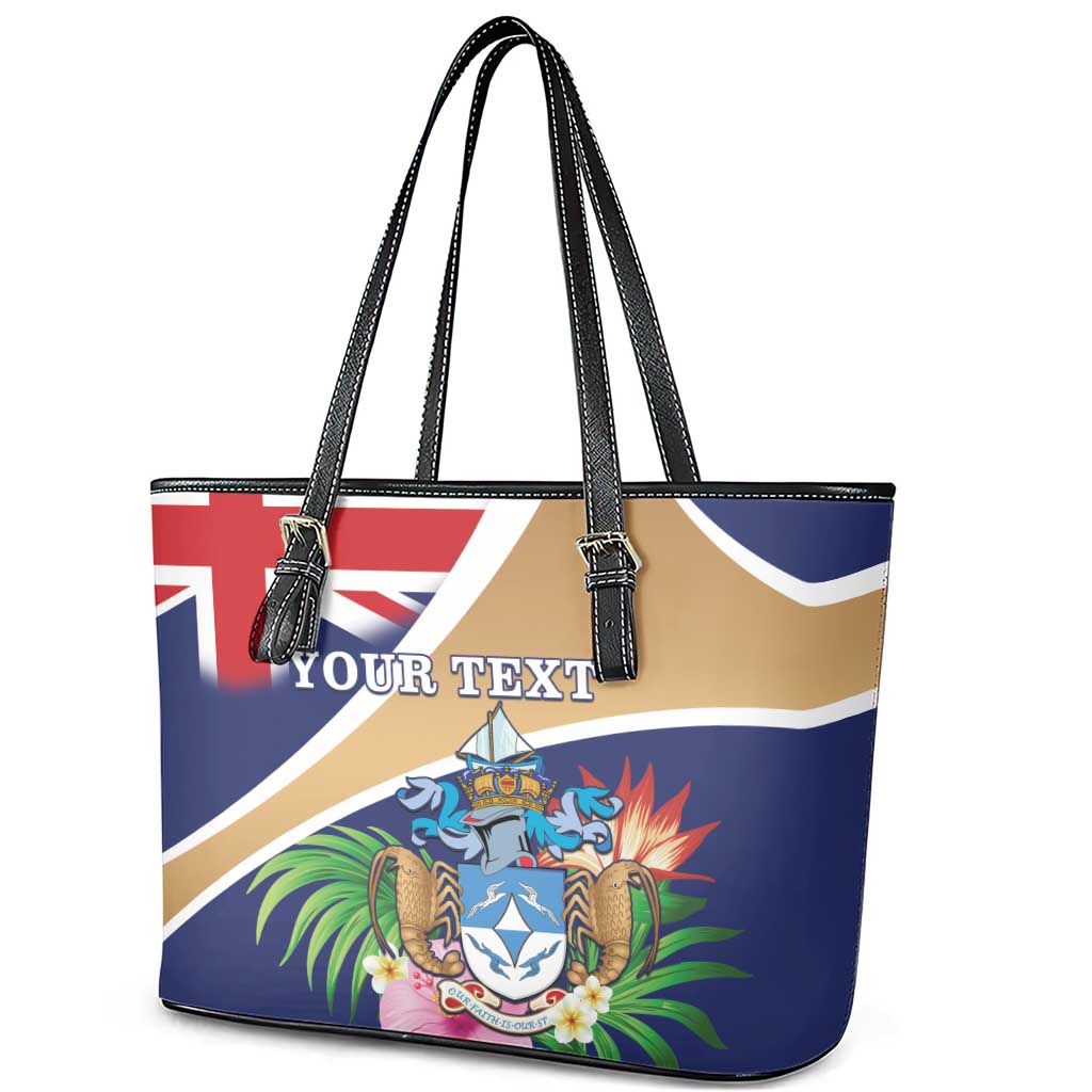 Personalized Tristan da Cunha Leather Tote Bag Coat Of Arms Tropical Flowers