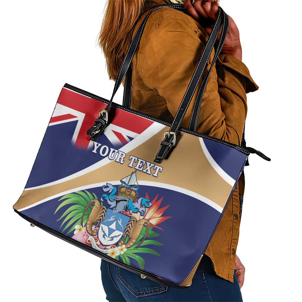 Personalized Tristan da Cunha Leather Tote Bag Coat Of Arms Tropical Flowers