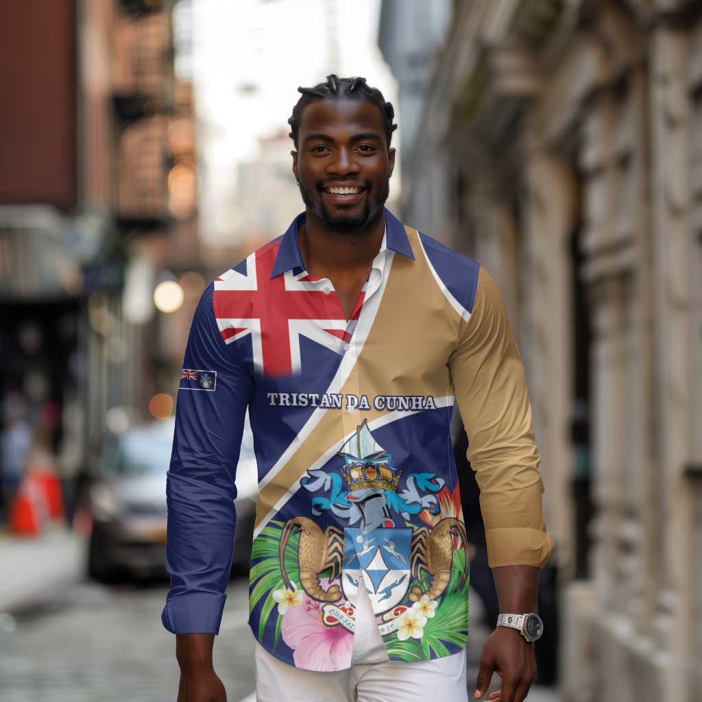 Personalized Tristan da Cunha Long Sleeve Button Shirt Coat Of Arms Tropical Flowers