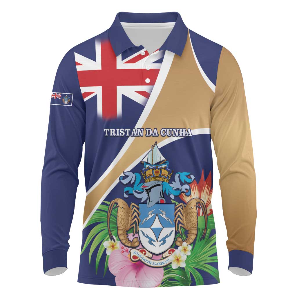 Personalized Tristan da Cunha Long Sleeve Polo Shirt Coat Of Arms Tropical Flowers