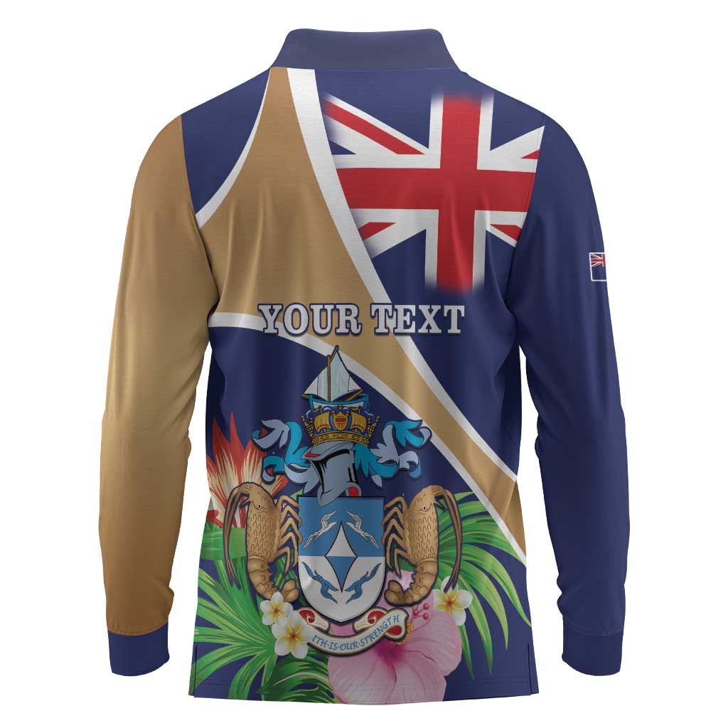 Personalized Tristan da Cunha Long Sleeve Polo Shirt Coat Of Arms Tropical Flowers