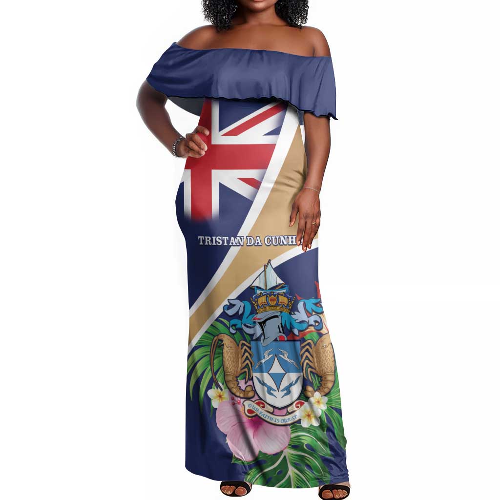 Personalized Tristan da Cunha Off Shoulder Maxi Dress Coat Of Arms Tropical Flowers