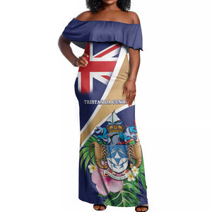 Personalized Tristan da Cunha Off Shoulder Maxi Dress Coat Of Arms Tropical Flowers