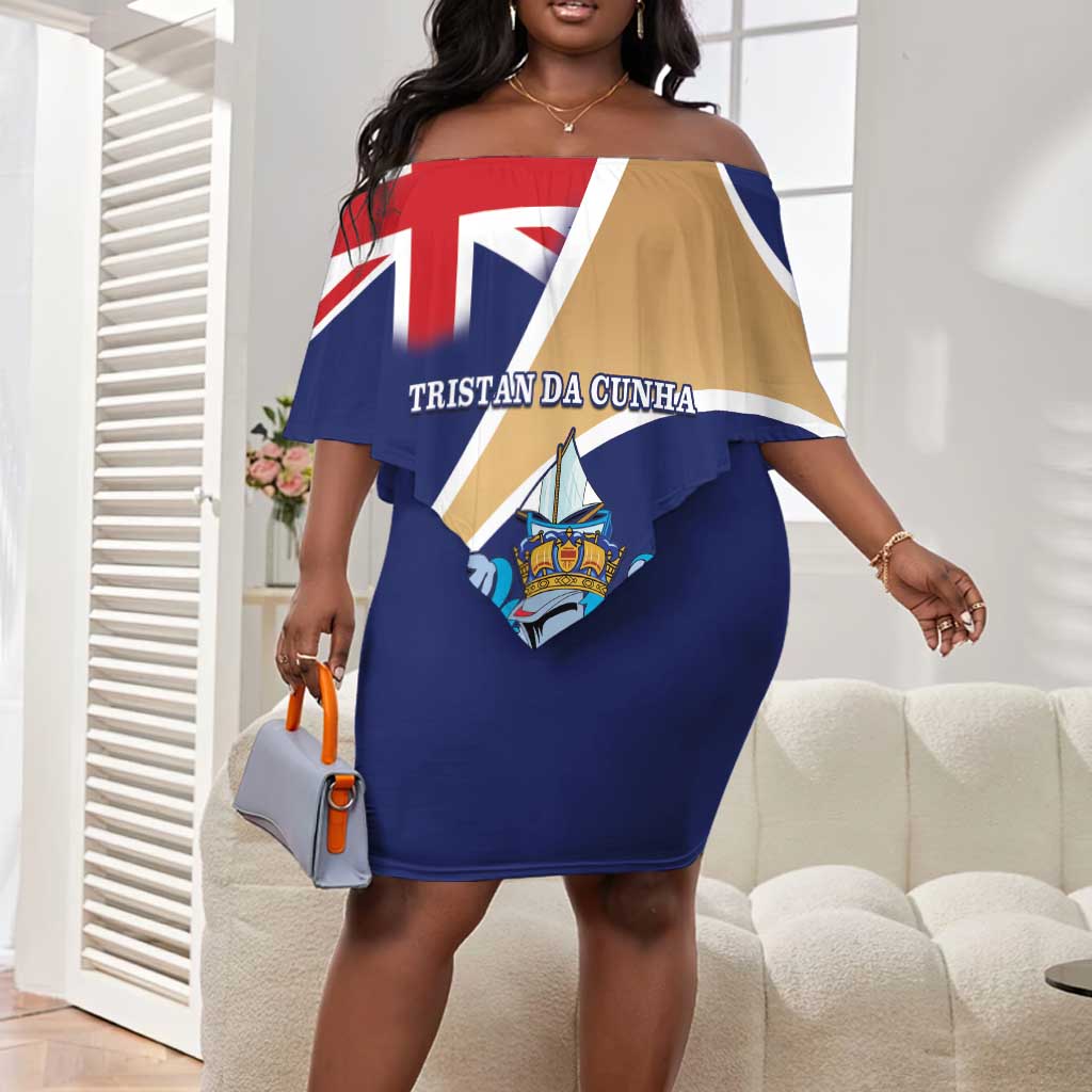 Personalized Tristan da Cunha Off Shoulder Short Dress Coat Of Arms Tropical Flowers