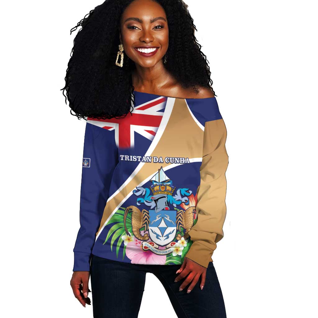 Personalized Tristan da Cunha Off Shoulder Sweater Coat Of Arms Tropical Flowers