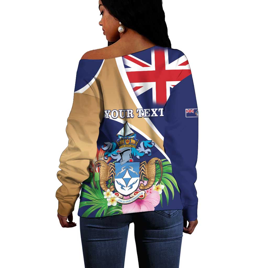 Personalized Tristan da Cunha Off Shoulder Sweater Coat Of Arms Tropical Flowers