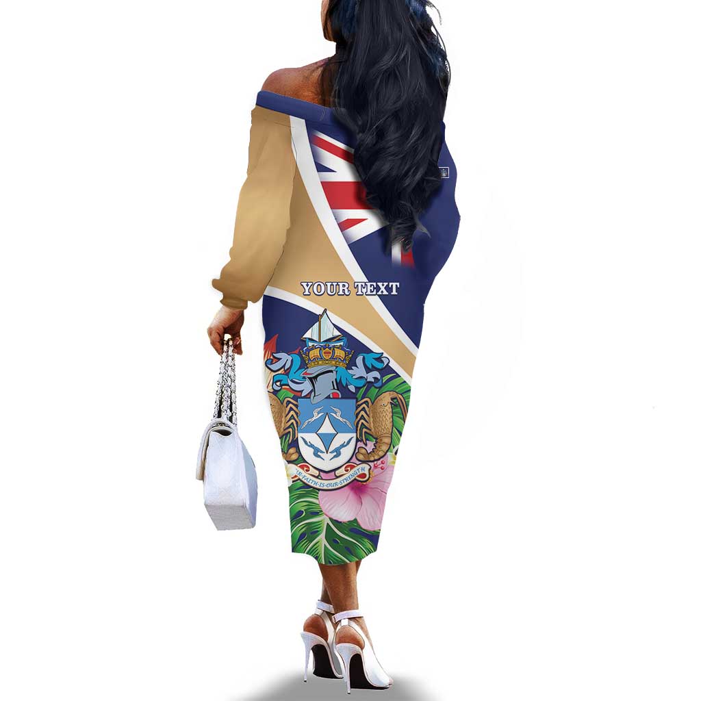 Personalized Tristan da Cunha Off The Shoulder Long Sleeve Dress Coat Of Arms Tropical Flowers