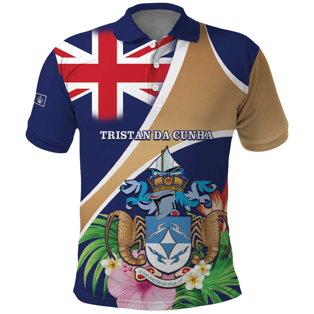 Personalized Tristan da Cunha Polo Shirt Coat Of Arms Tropical Flowers