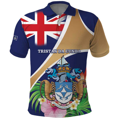 Personalized Tristan da Cunha Polo Shirt Coat Of Arms Tropical Flowers