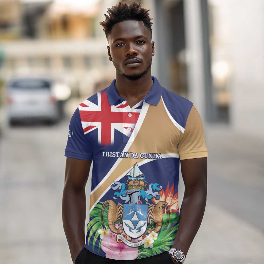 Personalized Tristan da Cunha Polo Shirt Coat Of Arms Tropical Flowers