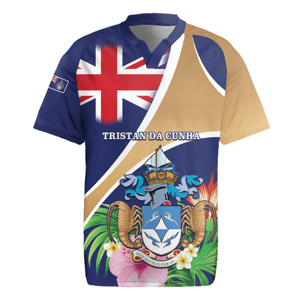 Personalized Tristan da Cunha Rugby Jersey Coat Of Arms Tropical Flowers