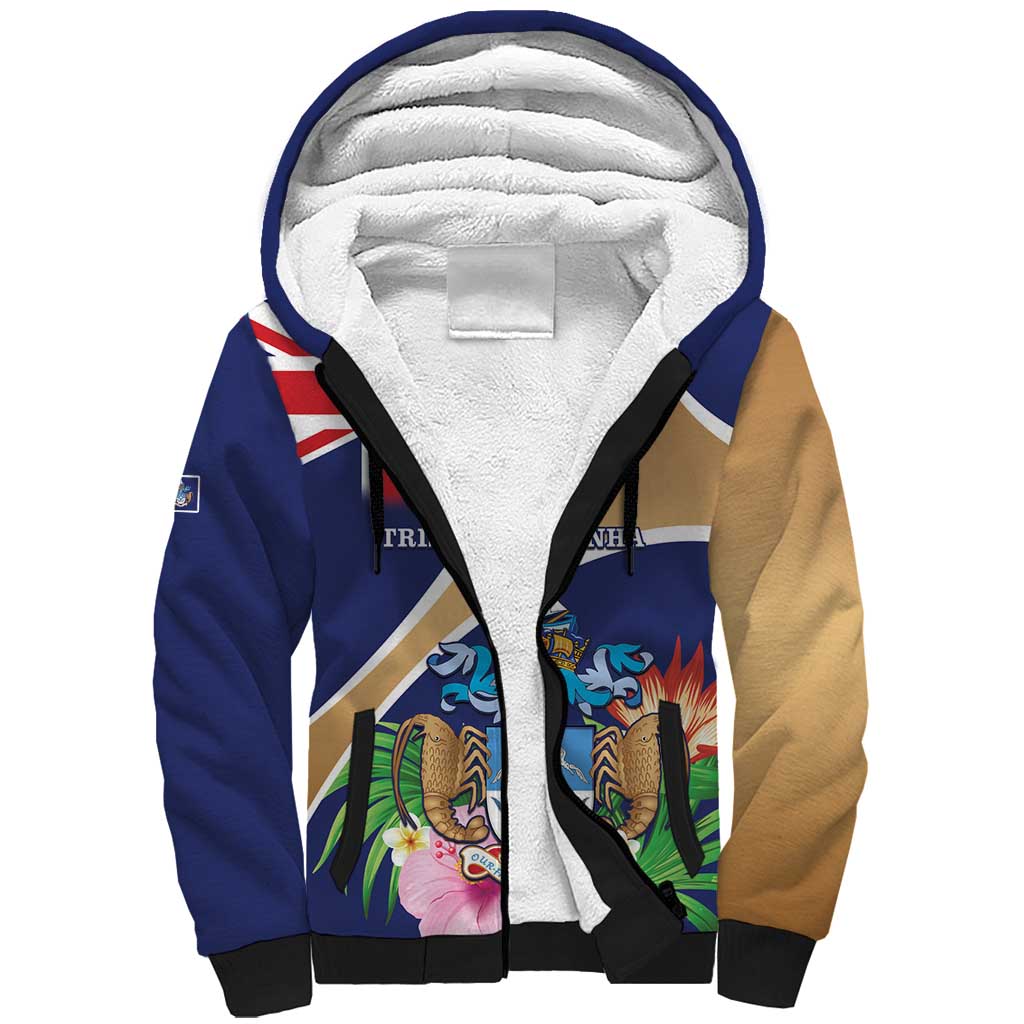 Personalized Tristan da Cunha Sherpa Hoodie Coat Of Arms Tropical Flowers
