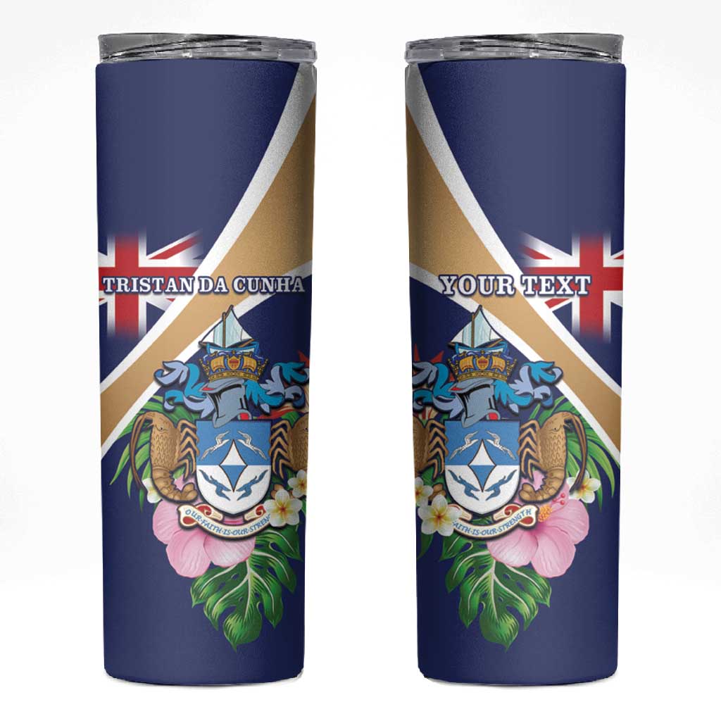 Personalized Tristan da Cunha Skinny Tumbler Coat Of Arms Tropical Flowers