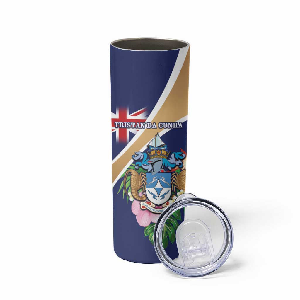 Personalized Tristan da Cunha Skinny Tumbler Coat Of Arms Tropical Flowers