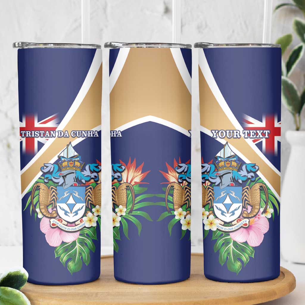 Personalized Tristan da Cunha Skinny Tumbler Coat Of Arms Tropical Flowers