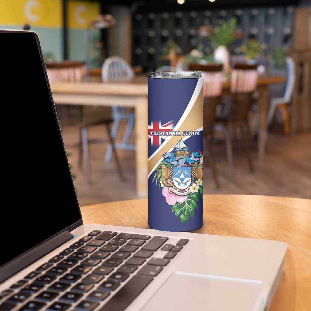 Personalized Tristan da Cunha Skinny Tumbler Coat Of Arms Tropical Flowers