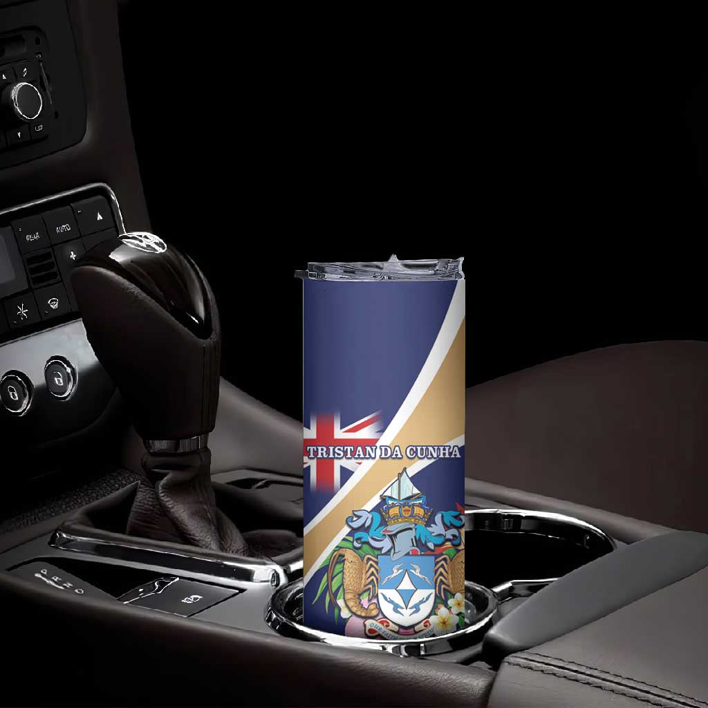 Personalized Tristan da Cunha Skinny Tumbler Coat Of Arms Tropical Flowers