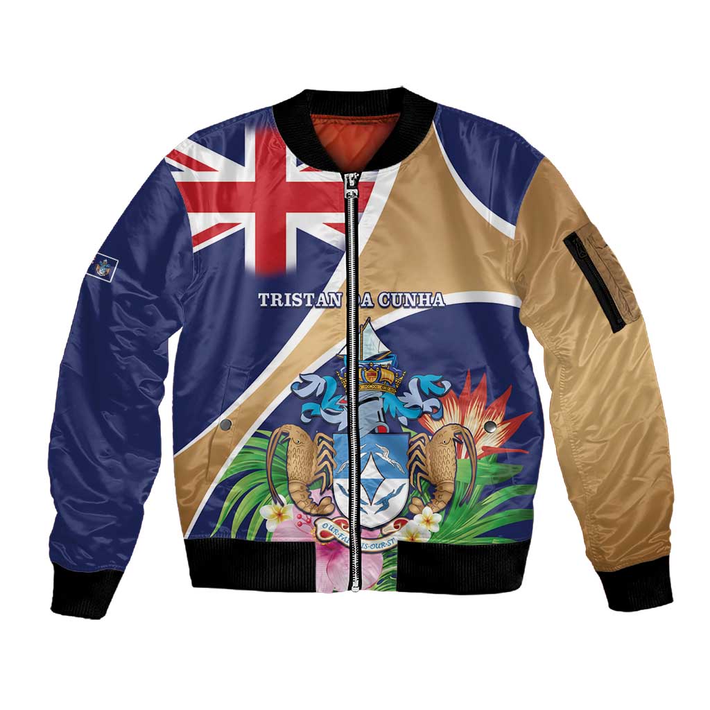 Personalized Tristan da Cunha Sleeve Zip Bomber Jacket Coat Of Arms Tropical Flowers
