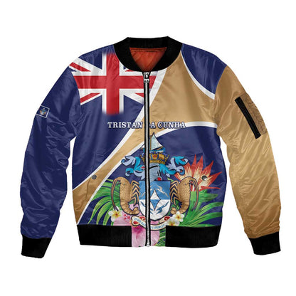 Personalized Tristan da Cunha Sleeve Zip Bomber Jacket Coat Of Arms Tropical Flowers
