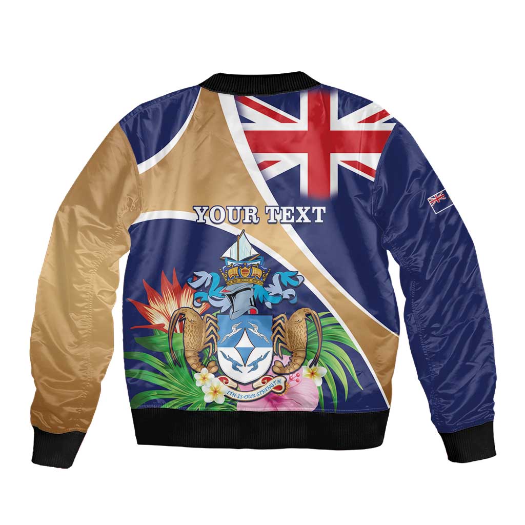 Personalized Tristan da Cunha Sleeve Zip Bomber Jacket Coat Of Arms Tropical Flowers